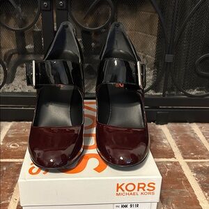 Kors Michael Kors- Deep Red/Black Patent Leather Pipi Heels. Size 9.5, NIB